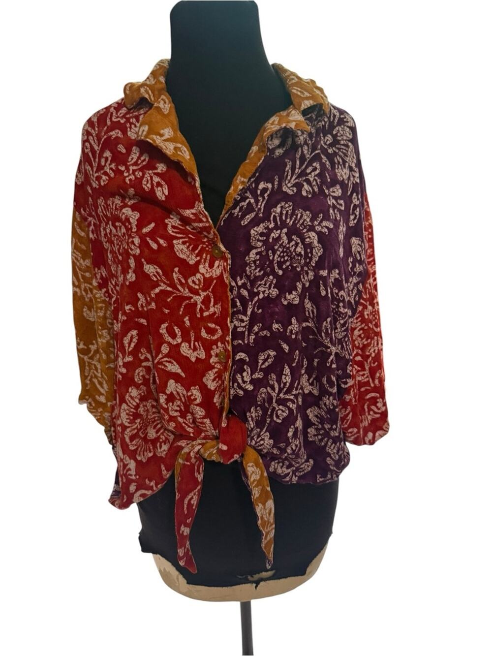 Vintage Jacque & Koko Size 26/28 Rayon Patchwork Floral Tie Front Boho Shirt